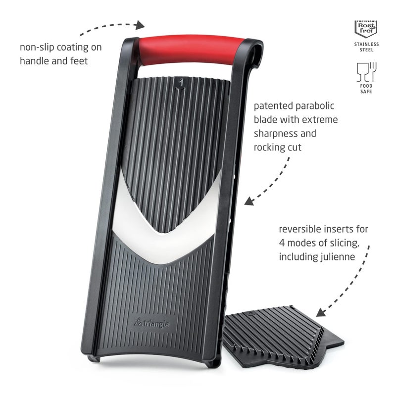 triangle Vegetable Slicer with Holder - Ultra-Sharp Parabolic Stainless Steel Blade - Three Thickness Levels for Four Types of Julienne Strips - Dishwasher Safe - Image 2